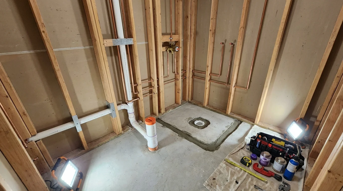 Bathroom rough-in plumbing during remodel by Johns Plumbing LLC in Pittsburgh