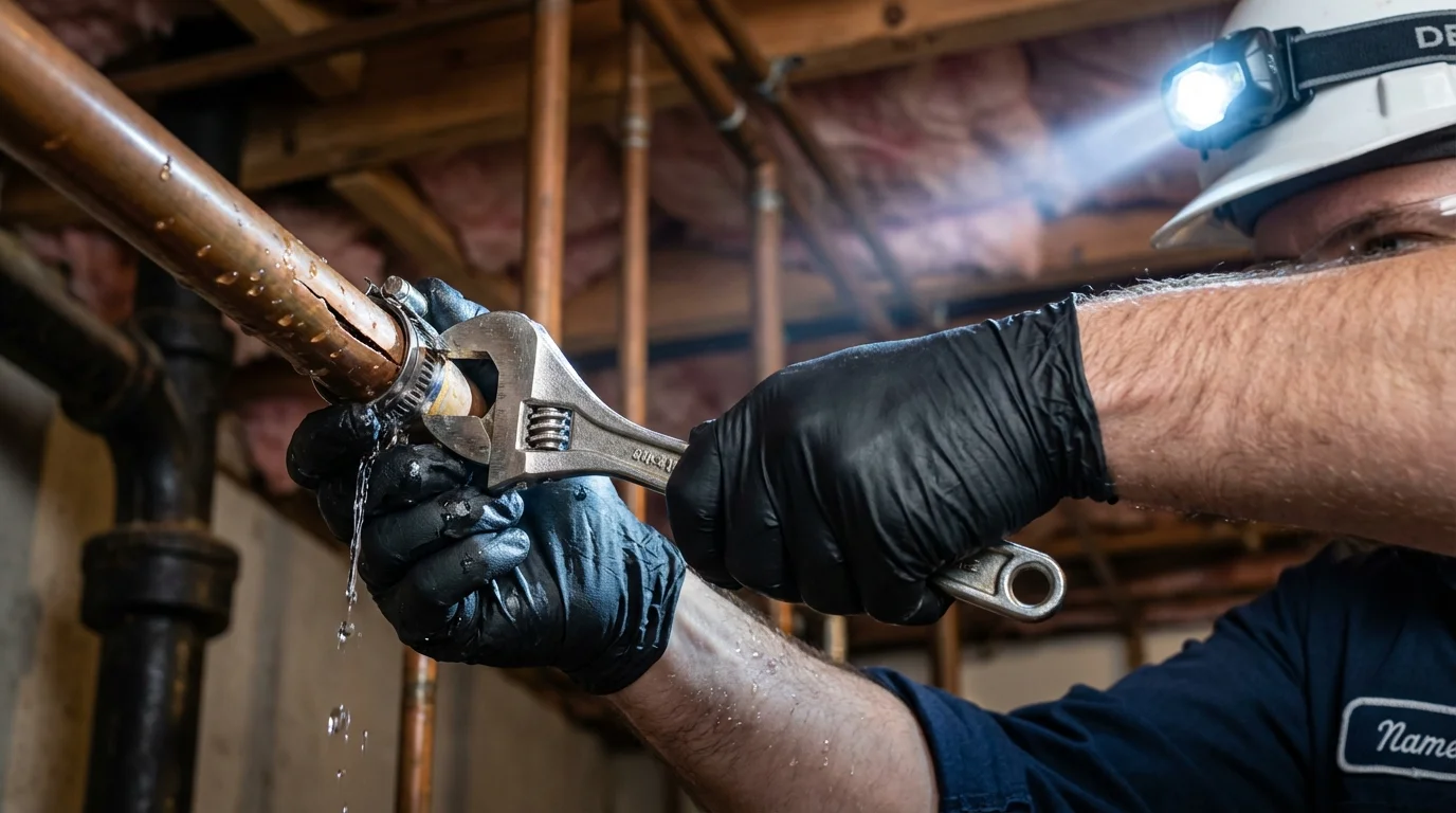 Emergency pipe clamp repair being performed by a Johns Plumbing LLC plumber in Pittsburgh